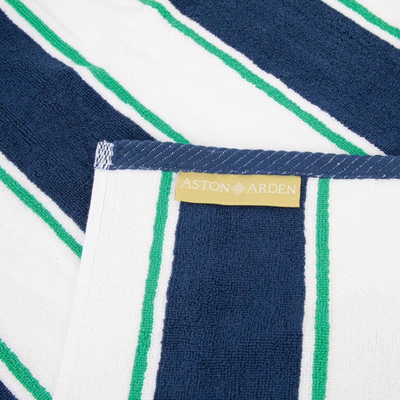 Aston & Arden Oversized Navy/Green Pinstriped Plush Beach Towel - 35x70