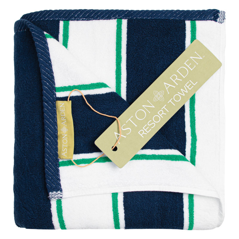 Aston & Arden Oversized Navy/Green Pinstriped Plush Beach Towel - 35x70