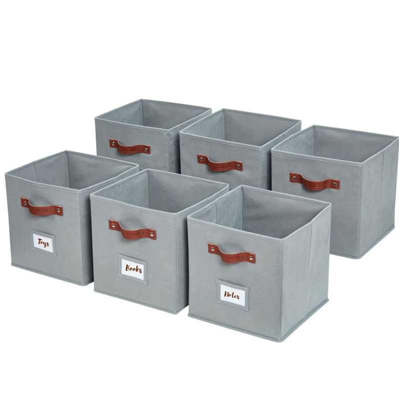 Gray Fabric Storage Bins with Handles and Labels, Set of 6