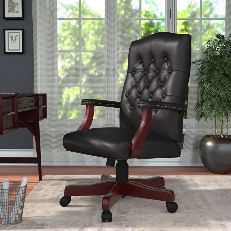 Classic Elegance High-Back Executive Chair in Black Leather and Mahogany