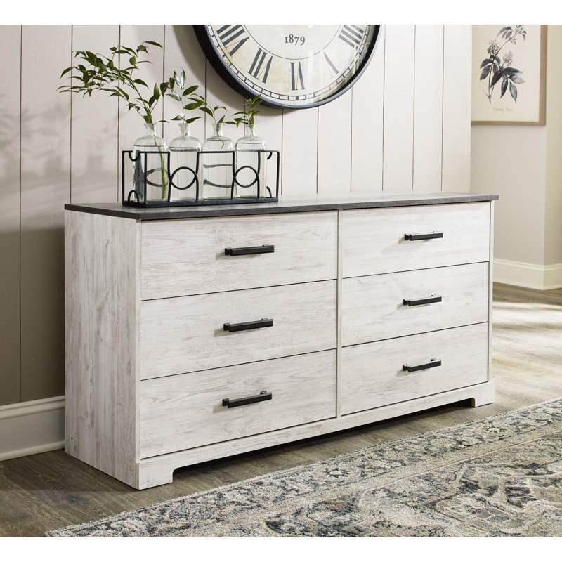 Transitional Whitewash & Gray 59" Industrial 6-Drawer Dresser
