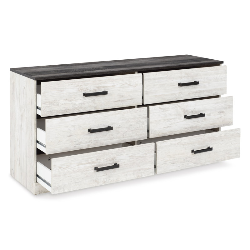 Transitional Whitewash & Gray 59" Industrial 6-Drawer Dresser