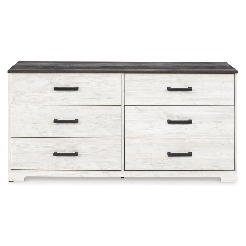 Transitional Whitewash & Gray 59" Industrial 6-Drawer Dresser
