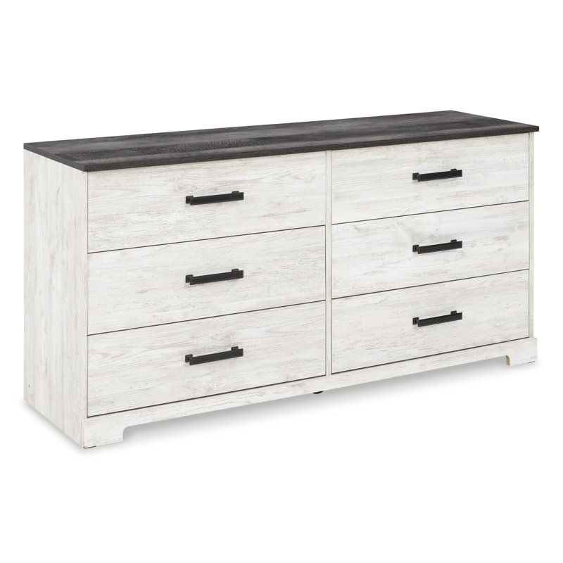 Transitional Whitewash & Gray 59" Industrial 6-Drawer Dresser