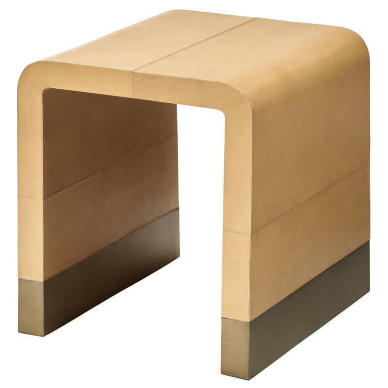 Cashew Beige Leather and Metal Square Side Table