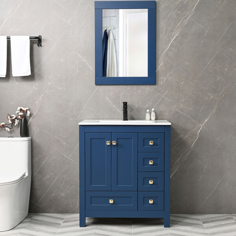 30" Blue Solid Wood Single Bathroom Vanity Base