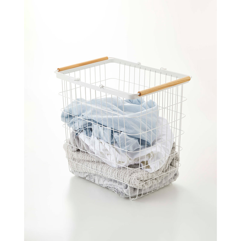Scandinavian White Steel Collapsible Hamper with Ash Wood Handles and Wheels