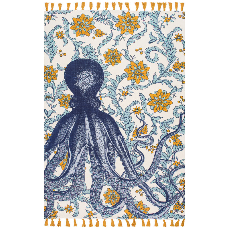 Handmade Octopus Floral Cotton Area Rug, 7'6" x 9'6", Multicolor