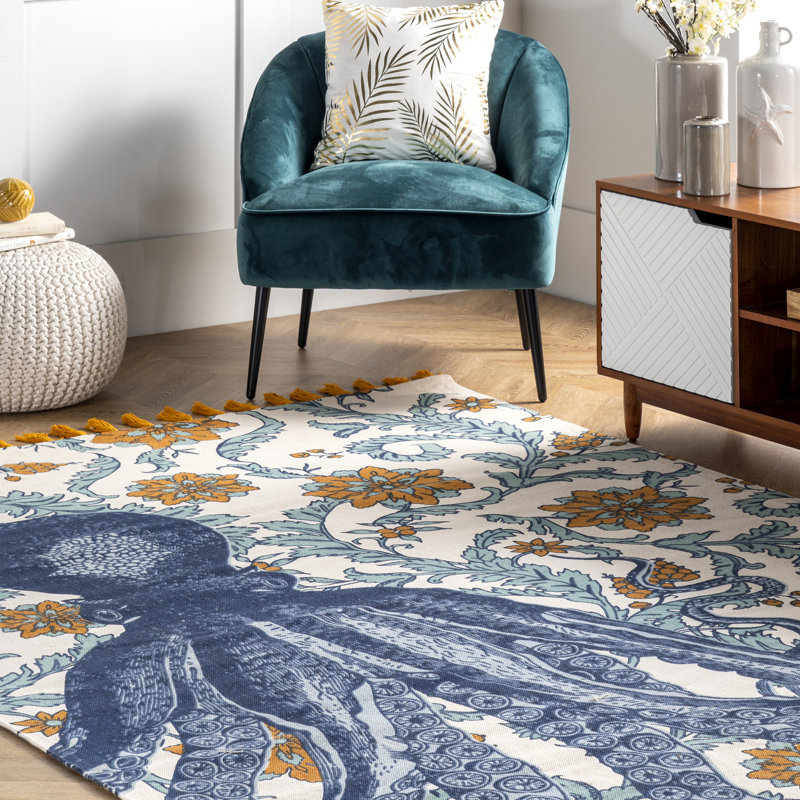 Handmade Octopus Floral Cotton Area Rug, 7'6" x 9'6", Multicolor
