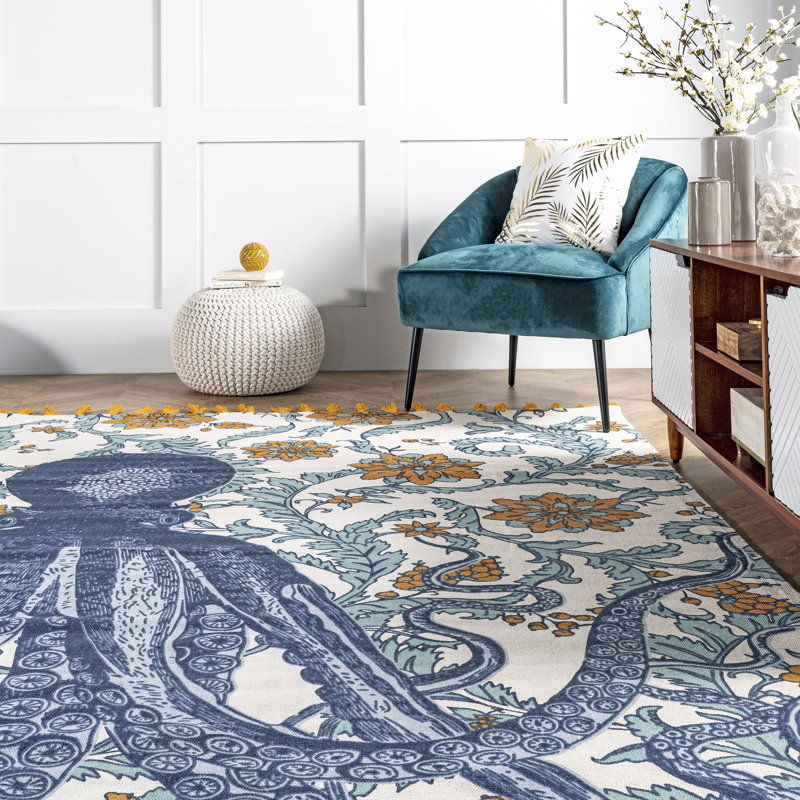 Handmade Octopus Floral Cotton Area Rug, 7'6" x 9'6", Multicolor