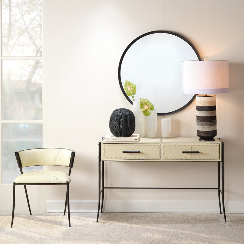 Scandinavian Cream Leather Barrel Chair with Iron Saber Legs