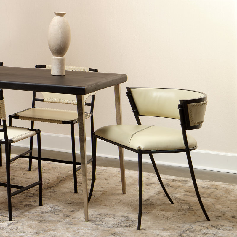 Scandinavian Cream Leather Barrel Chair with Iron Saber Legs