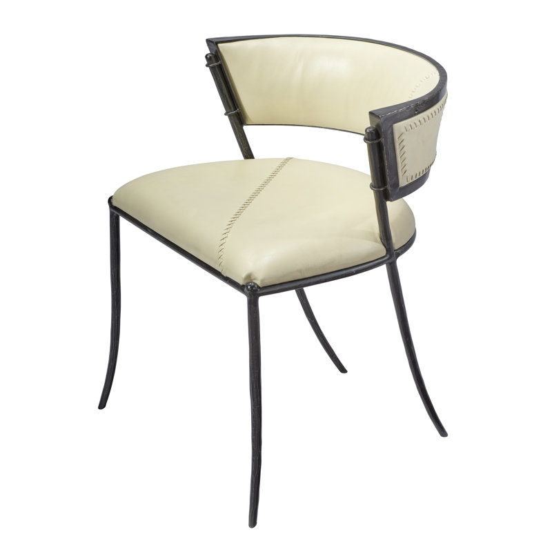 Scandinavian Cream Leather Barrel Chair with Iron Saber Legs