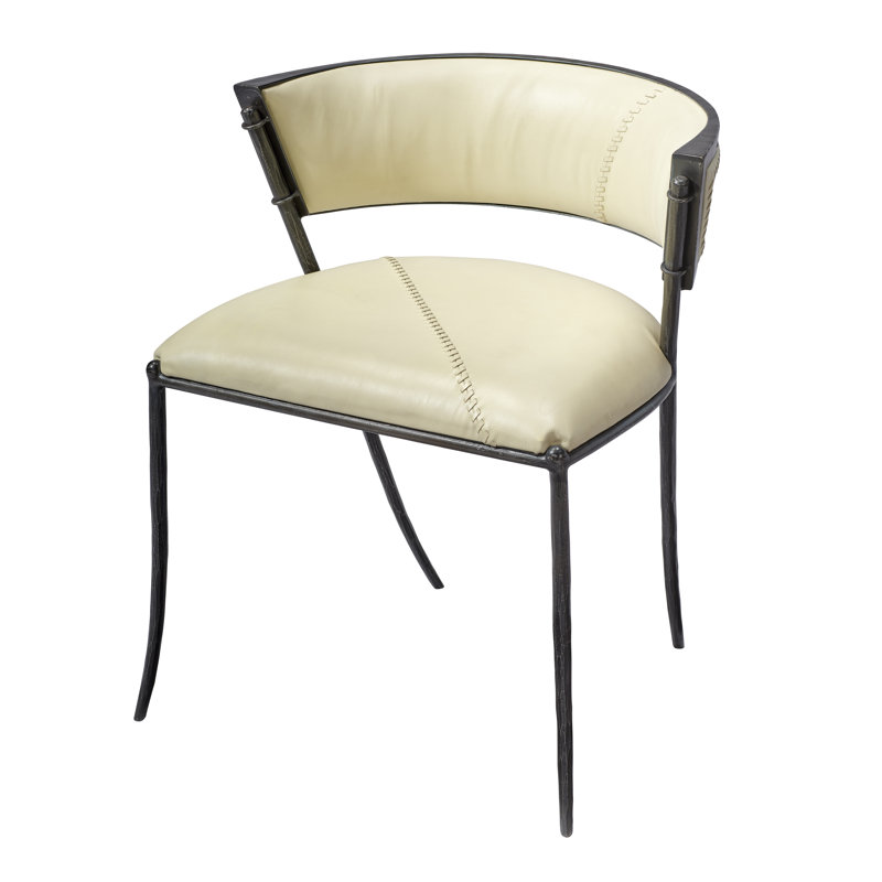 Scandinavian Cream Leather Barrel Chair with Iron Saber Legs