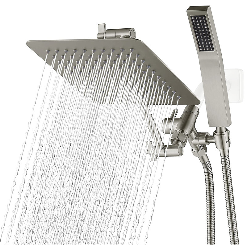 Brushed Nickel Dual Square Rain Shower Head with Handheld Wand