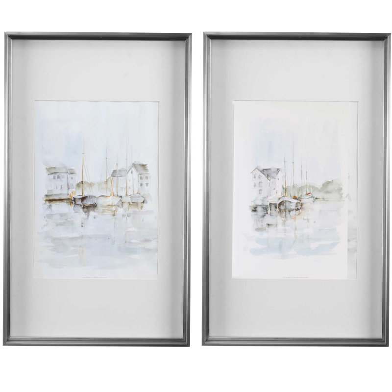 New England Coastal Gray and Blue Framed Prints Set