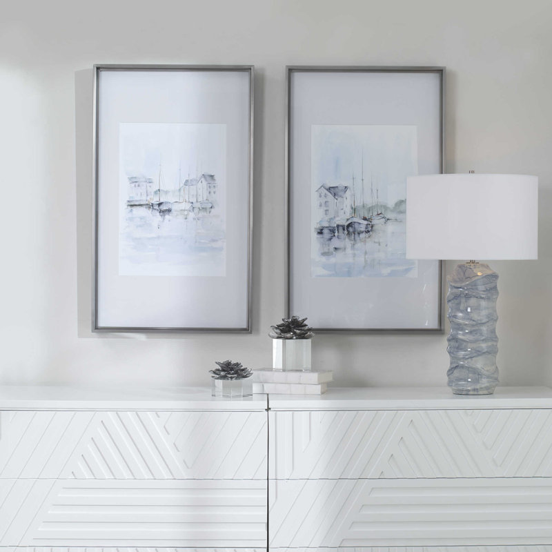 New England Coastal Gray and Blue Framed Prints Set