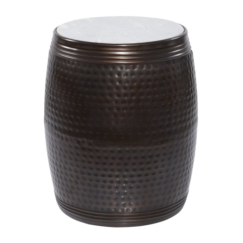 Copper Hammered Barrel Side Table with White Marble Top - 16"x19"