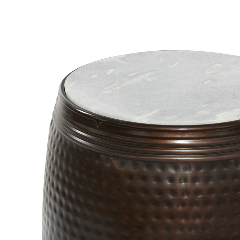 Copper Hammered Barrel Side Table with White Marble Top - 16"x19"