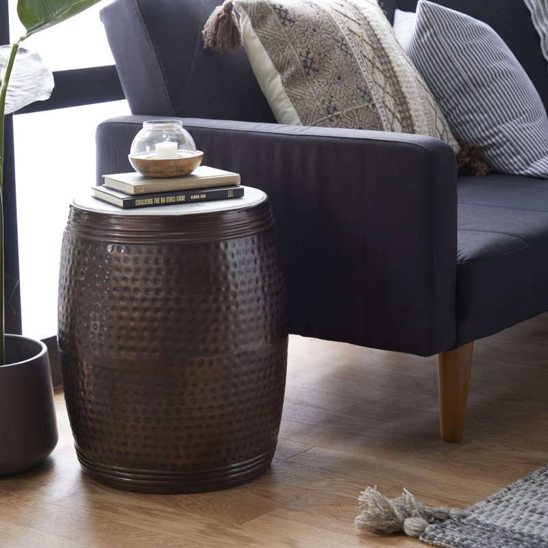 Copper Hammered Barrel Side Table with White Marble Top - 16"x19"