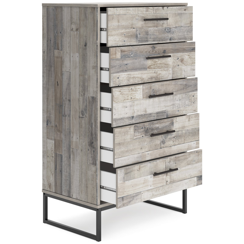 Transitional Whitewash Pine 5-Drawer Chest with Pewter-Tone Pulls