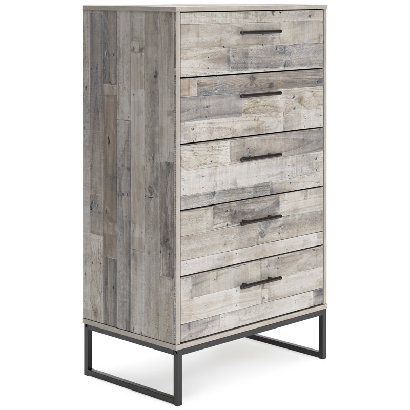 Transitional Whitewash Pine 5-Drawer Chest with Pewter-Tone Pulls