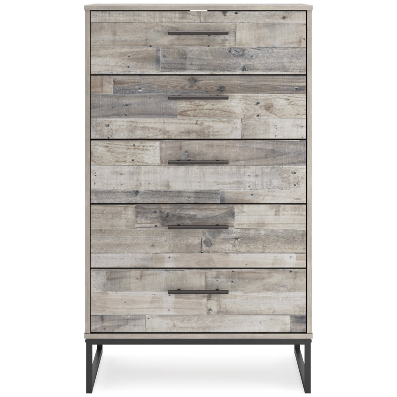 Transitional Whitewash Pine 5-Drawer Chest with Pewter-Tone Pulls