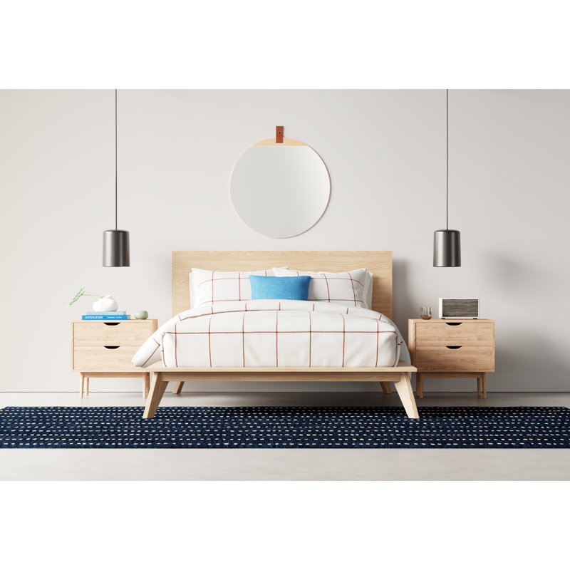 Queen Oak Wood Platform Bed with Headboard and Drawer