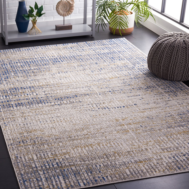 Beige and Blue Abstract Synthetic Area Rug