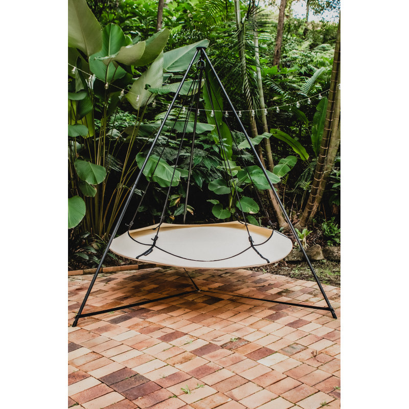 Cream & Black Olefin Fabric Circular Family Hammock Set with Steel Stand