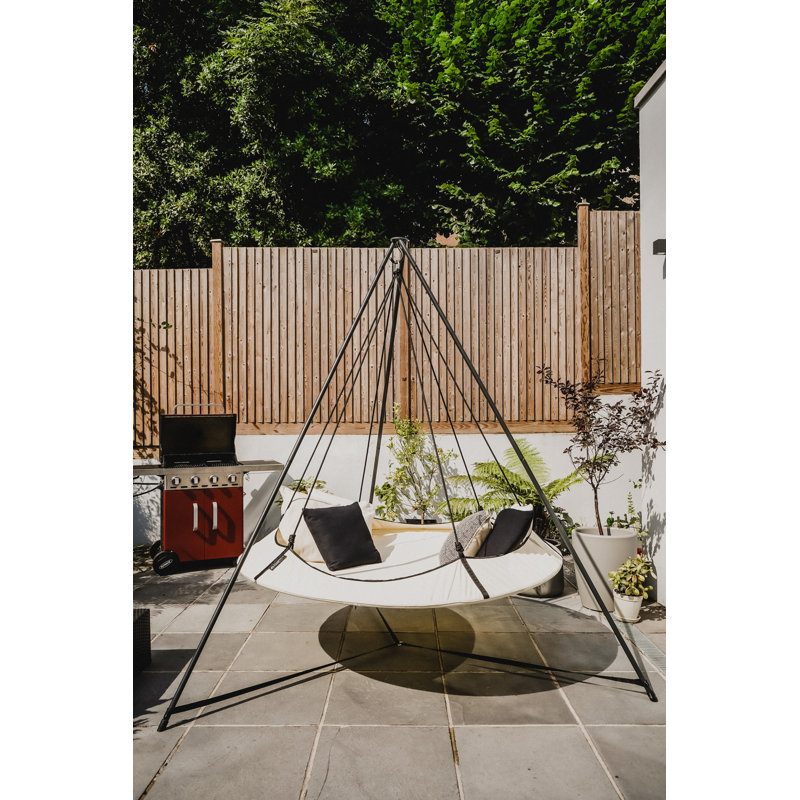 Cream & Black Olefin Fabric Circular Family Hammock Set with Steel Stand