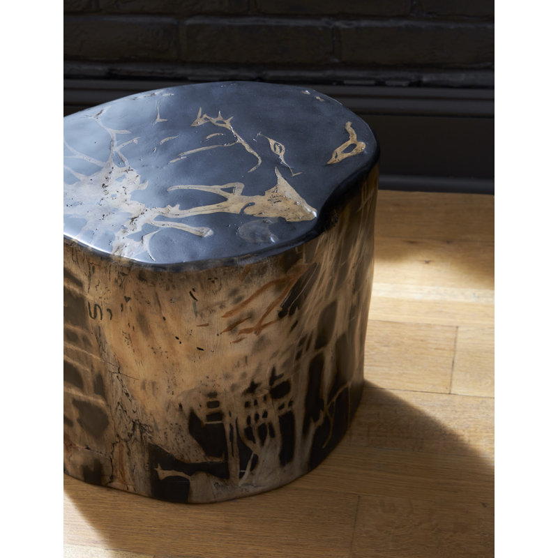 Aged Woodgrain Round Resin Accent Stool in Natural Finish