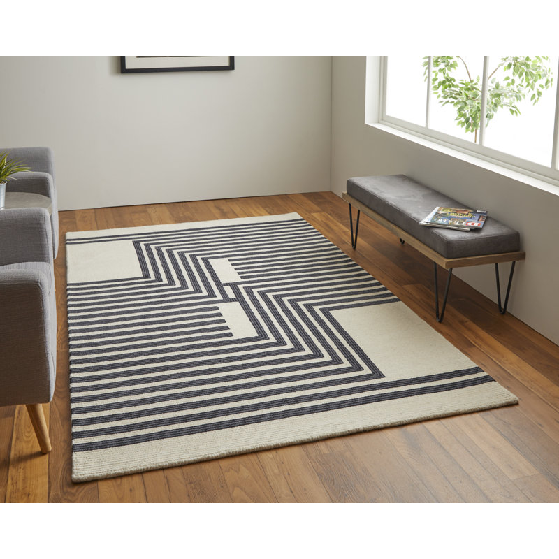 Black and Ivory Hand-Tufted Wool Geometric Rug