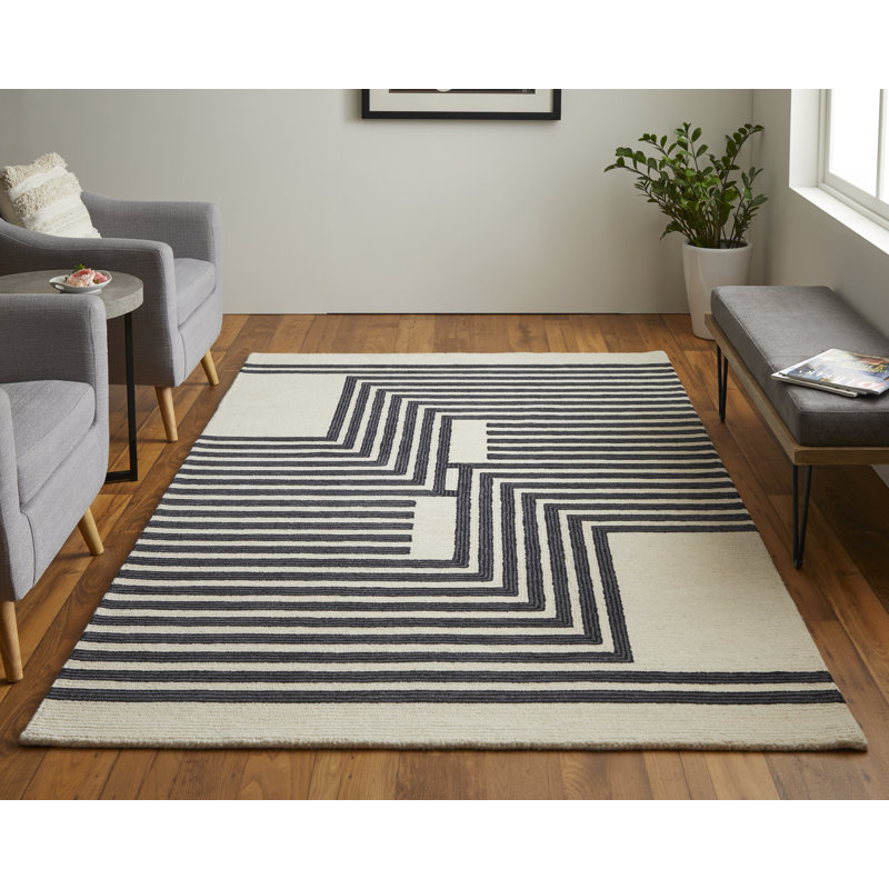 Black and Ivory Hand-Tufted Wool Geometric Rug