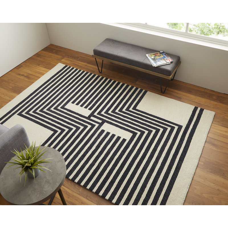 Black and Ivory Hand-Tufted Wool Geometric Rug