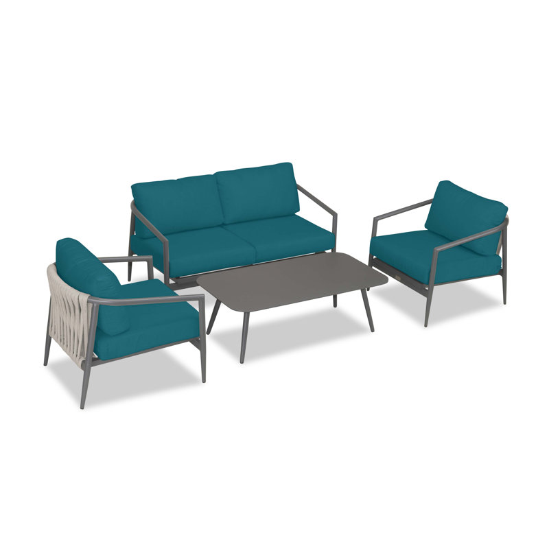 Slate and Peacock Aluminum Outdoor Seating Group with Sunbrella Cushions