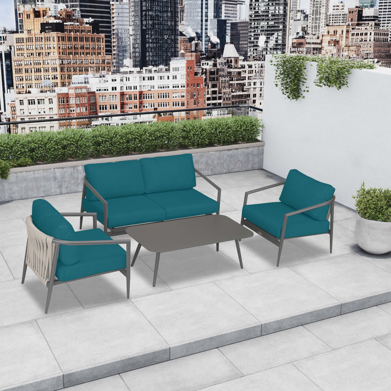 Slate and Peacock Aluminum Outdoor Seating Group with Sunbrella Cushions
