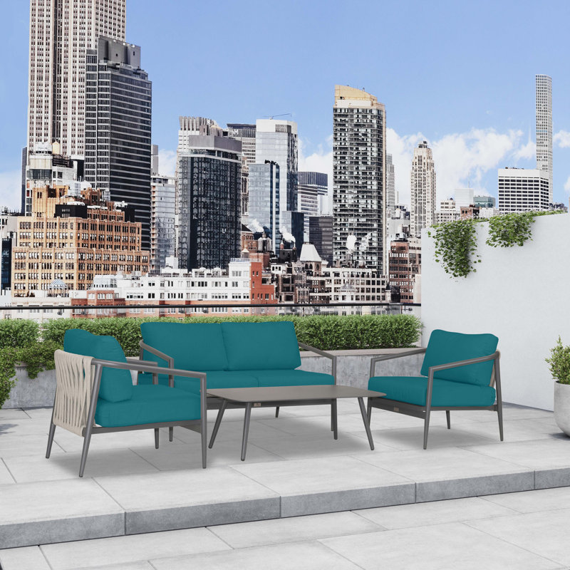 Slate and Peacock Aluminum Outdoor Seating Group with Sunbrella Cushions