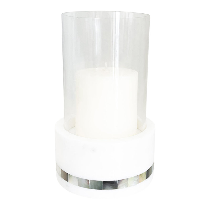 White Marble and Pearl Glass Hurricane Candle Holder
