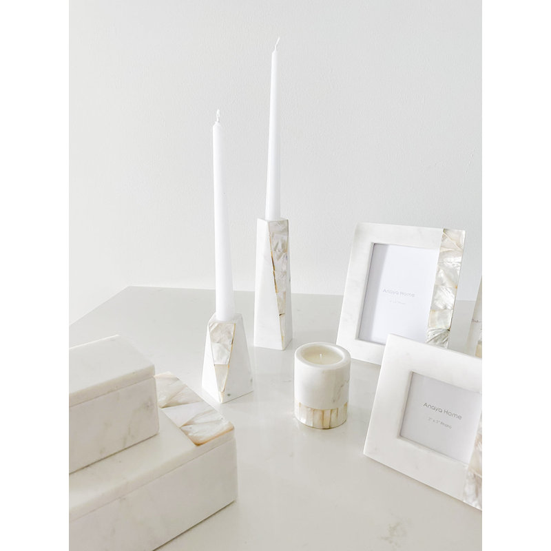 Anaya 8" White Marble & Mother of Pearl Large Candle Holder