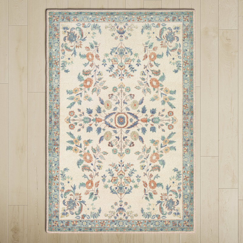 Blue and Cream Floral Synthetic Stain-Resistant Area Rug