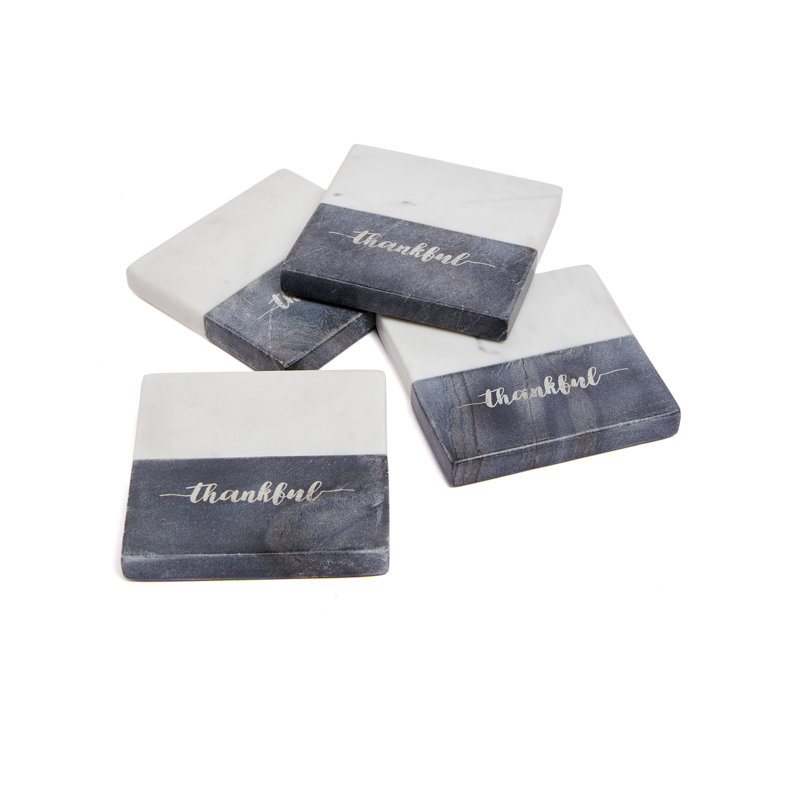 Gray and White Marble Square Coaster Set with Thankful Text