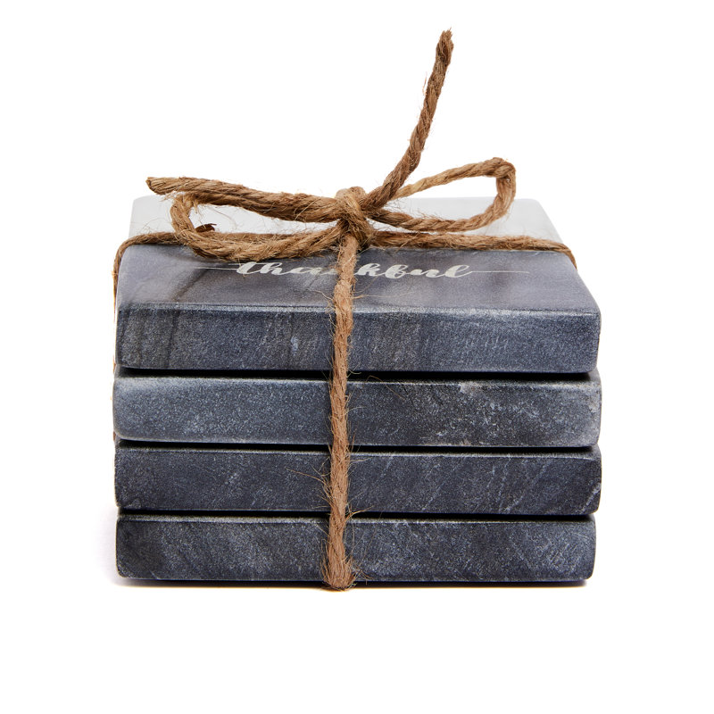 Gray and White Marble Square Coaster Set with Thankful Text