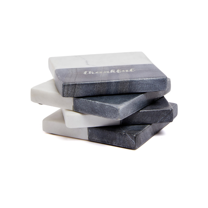Gray and White Marble Square Coaster Set with Thankful Text