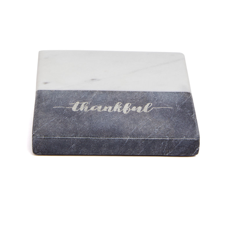 Gray and White Marble Square Coaster Set with Thankful Text