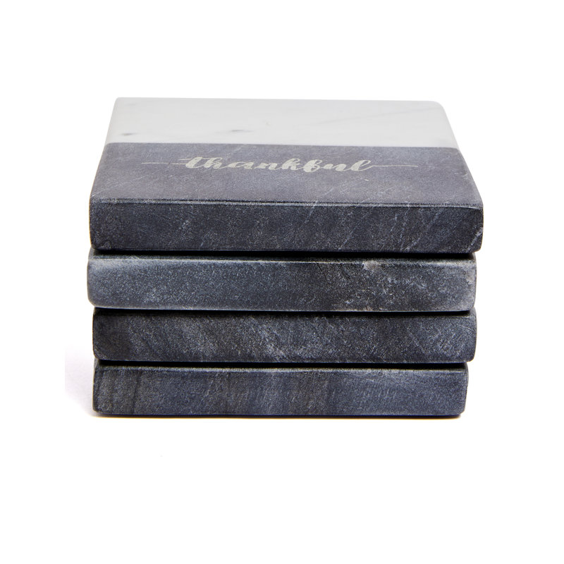 Gray and White Marble Square Coaster Set with Thankful Text