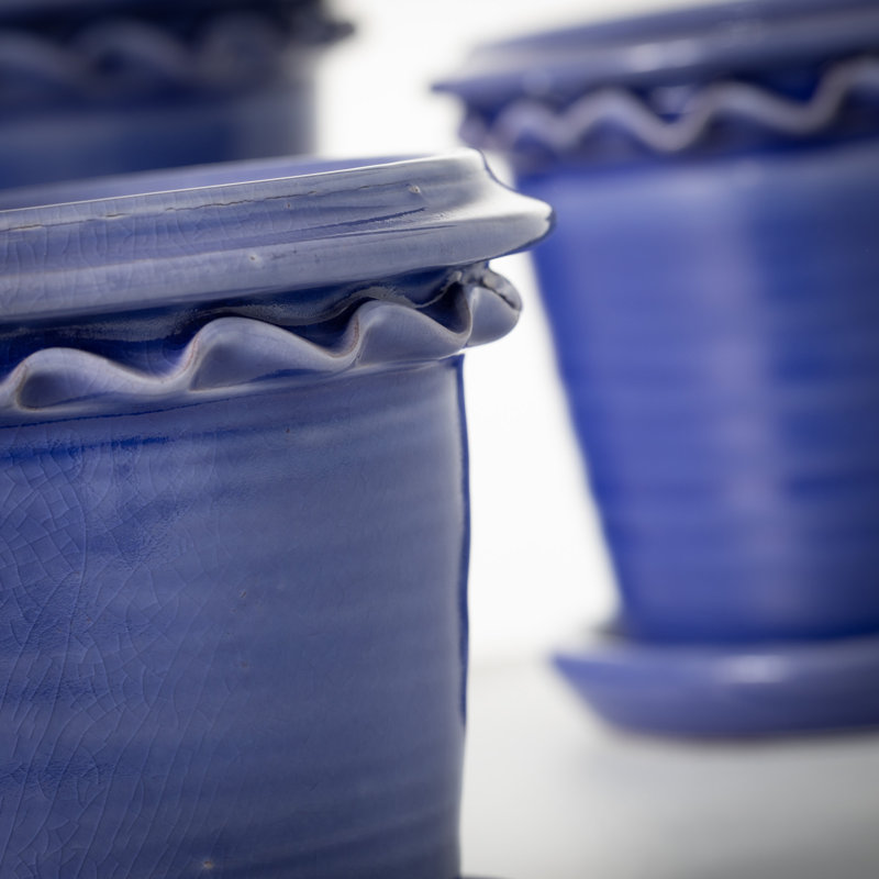 Set of 3 Indigo Blue Ceramic Round Planters with Saucers