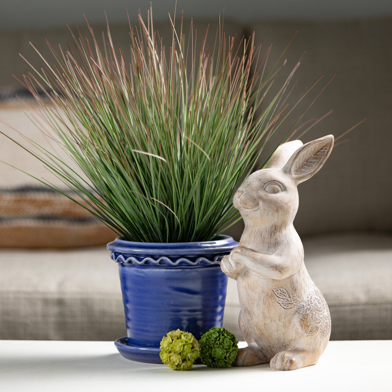 Set of 3 Indigo Blue Ceramic Round Planters with Saucers