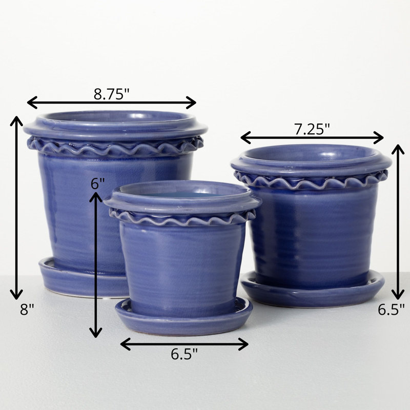 Set of 3 Indigo Blue Ceramic Round Planters with Saucers