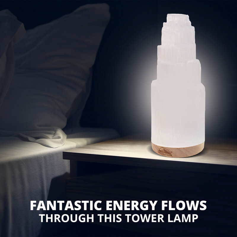 20cm Selenite Crystal Desk Lamp with Wooden Base - White